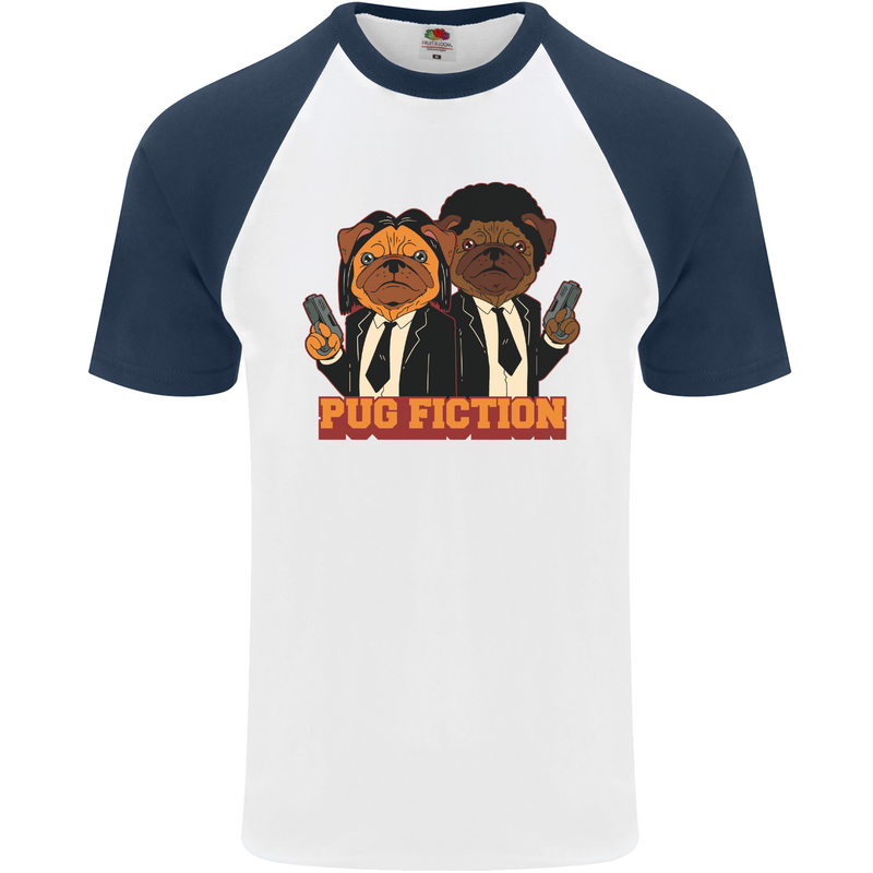 Dogs Pug Fiction Funny Movie Parody Mens S/S Baseball T-Shirt White/Navy Blue