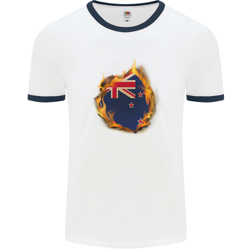 The Flag of New Zealand Fire Effect Kiwi Mens White Ringer T-Shirt White/Navy Blue