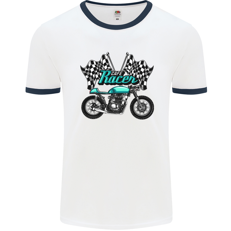 Cafe Racer Biker Motorcycle Motorbike Mens White Ringer T-Shirt White/Navy Blue