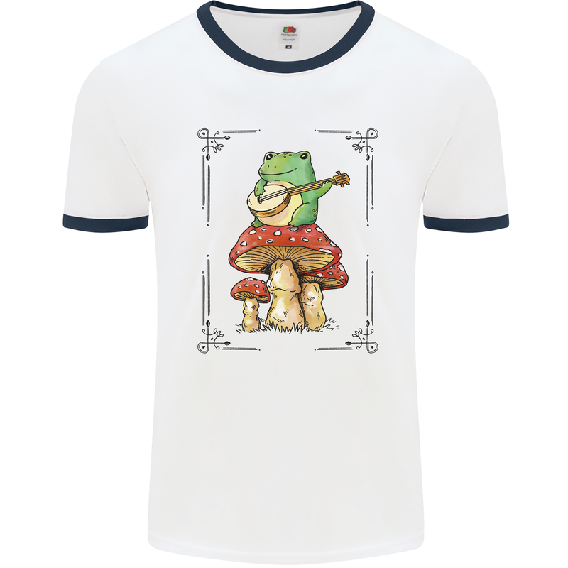 A Frog Playing the Guitar on a Toadstool Mens White Ringer T-Shirt White/Navy Blue