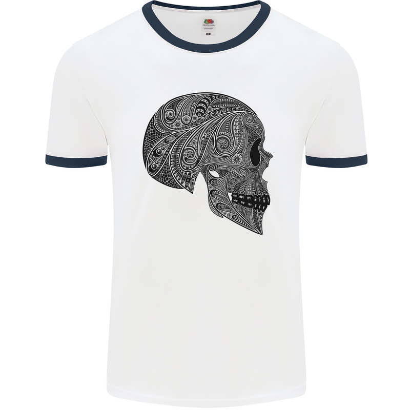 Mandala Skull Gothic Biker Motorbike Mens White Ringer T-Shirt White/Navy Blue