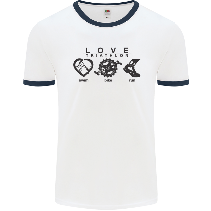 Love Triathlon Running Swimming Cycling Mens White Ringer T-Shirt White/Navy Blue