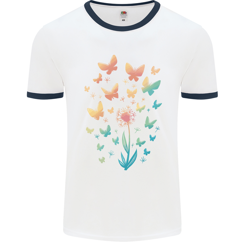 Dandelion Butterfly Plant Gardening Mens White Ringer T-Shirt White/Navy Blue