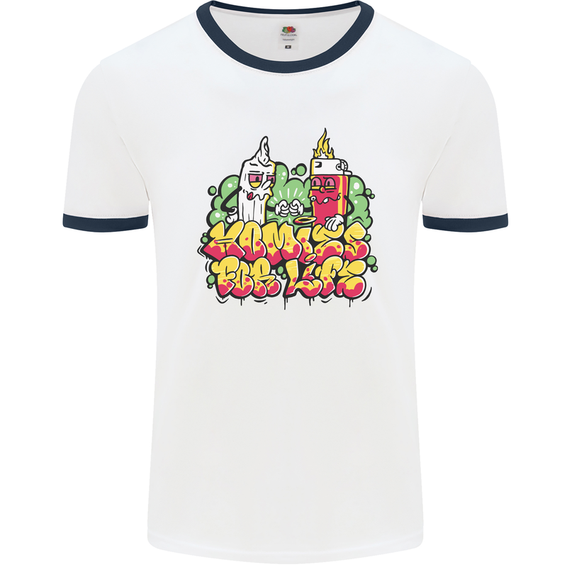 Spliff & Lighter Homies Funny Weed Cannabis Mens Ringer T-Shirt White/Navy Blue