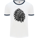 Indian Skull Headdress Biker Motorbike Mens White Ringer T-Shirt White/Navy Blue