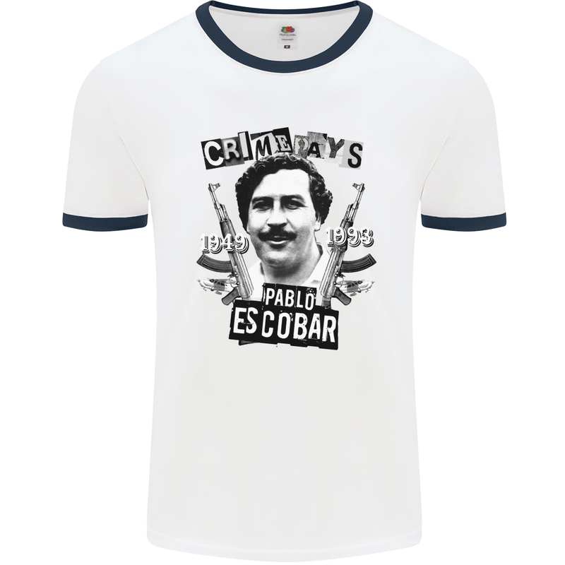 Pablo Escobar Crime Pays Mens White Ringer T-Shirt White/Navy Blue