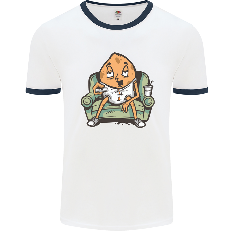 Funny Lazy Couch Potato Watchng TV Mens White Ringer T-Shirt White/Navy Blue