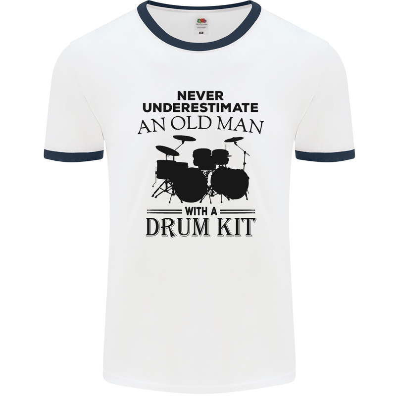 Old Man Drumming Drum Kit Drummer Funny Mens White Ringer T-Shirt White/Navy Blue