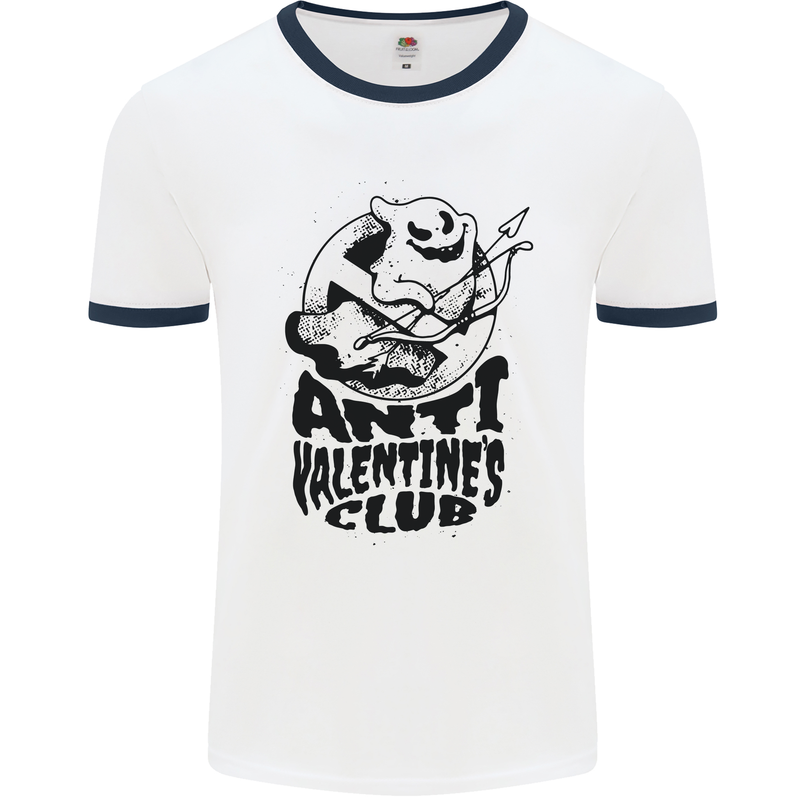 Anti Valentines Club Romance Single Day Mens White Ringer T-Shirt White/Navy Blue