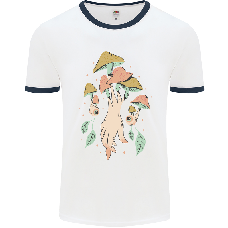 Trippy Magic Mushrooms With Eyes Mens White Ringer T-Shirt White/Navy Blue