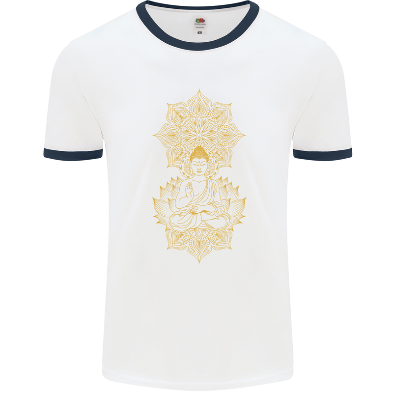 Mandala Buddha Art Mens Ringer T-Shirt White/Navy Blue