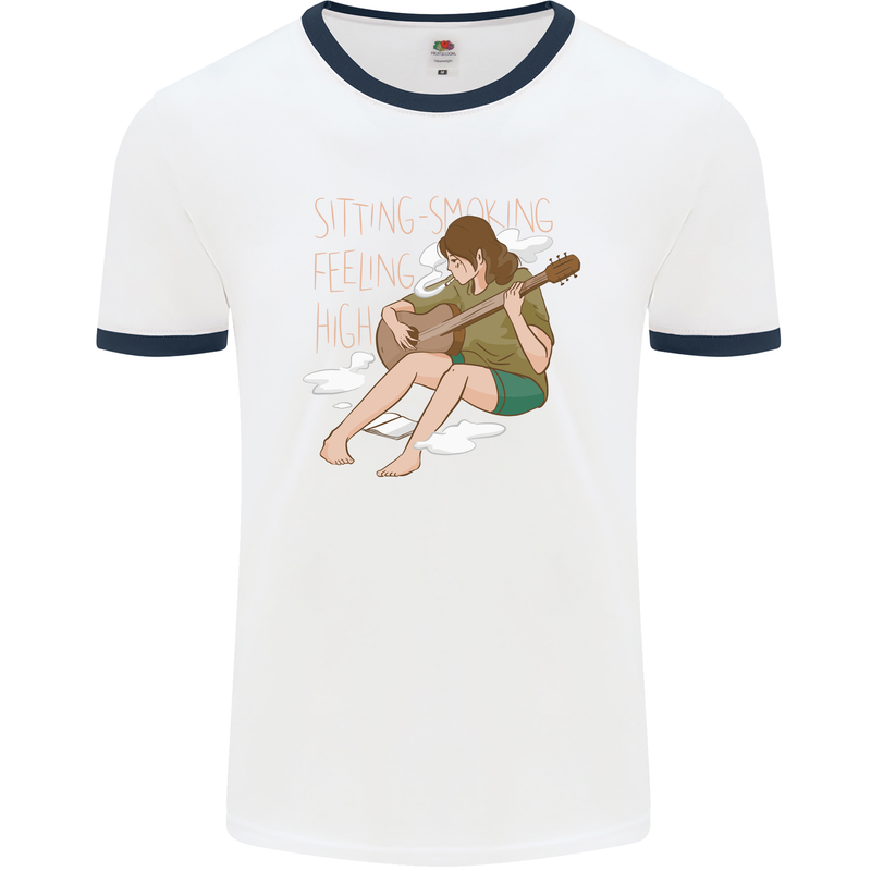 Sitting Smoking Weed Feeling High Drugs Mens Ringer T-Shirt White/Navy Blue