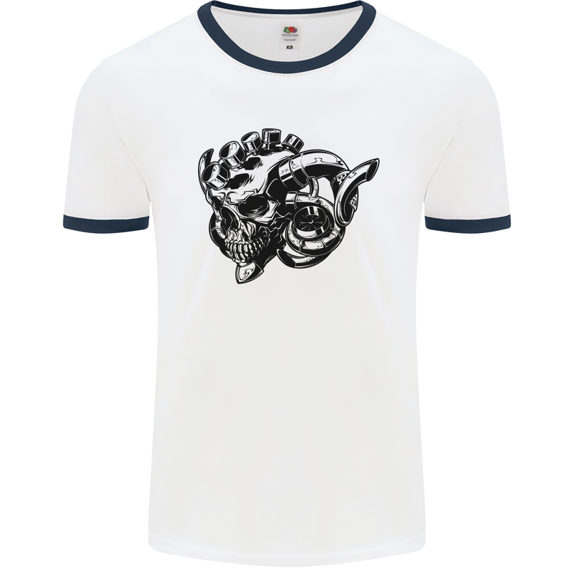 Turbo Skull Car Enthusiast Engine Drifting Mens White Ringer T-Shirt White/Navy Blue