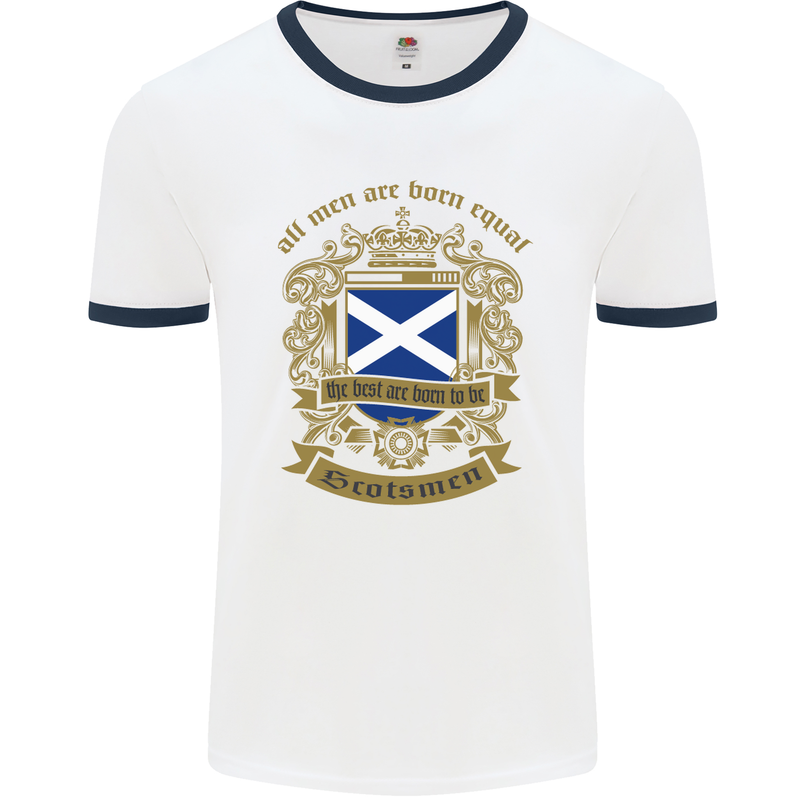 All Men Are Born Equal Scotland Scottish Mens White Ringer T-Shirt White/Navy Blue