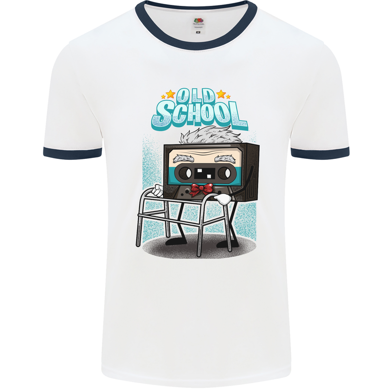 Old School 80s Music Cassette Retro 90s Mens White Ringer T-Shirt White/Navy Blue