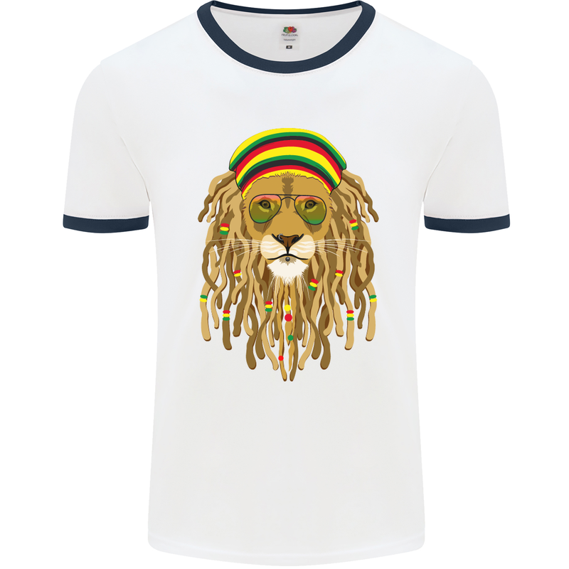 Dreadlock Rasta Lion Jamaica Jamaican Mens White Ringer T-Shirt White/Navy Blue