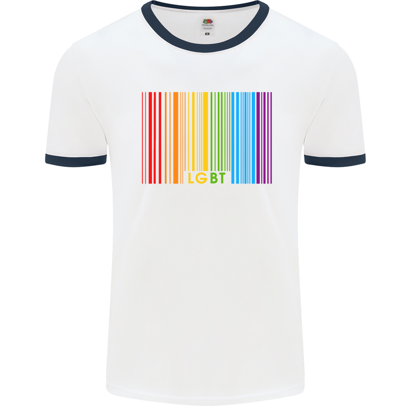 LGBT Barcode Gay Pride Day Awareness Mens White Ringer T-Shirt White/Navy Blue