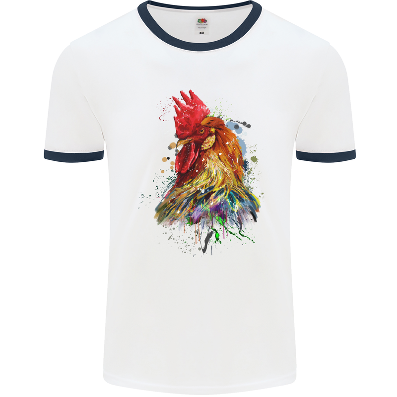 A Chicken Watercolour Mens White Ringer T-Shirt White/Navy Blue