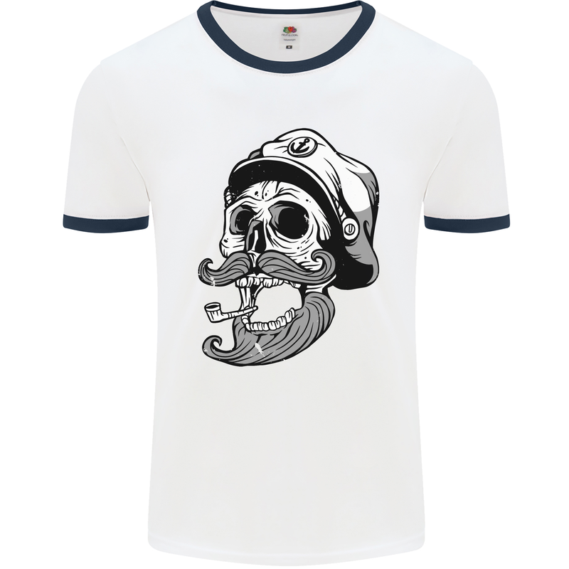 Old Sailor Skull Sailing Captain Mens White Ringer T-Shirt White/Navy Blue