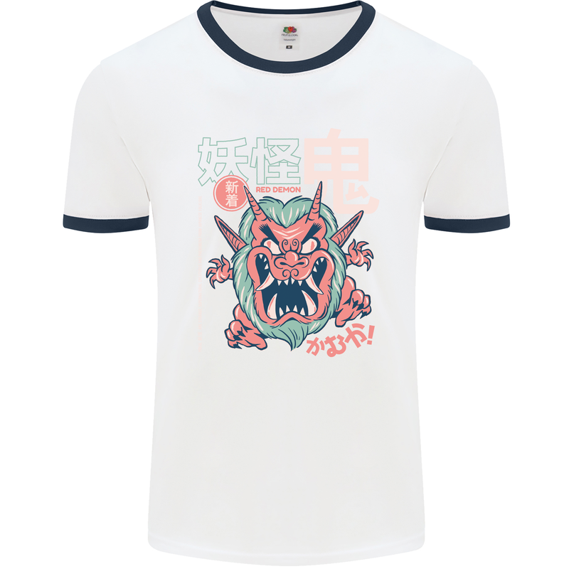 Oni Yokai Japanese Red Demon Mens White Ringer T-Shirt White/Navy Blue