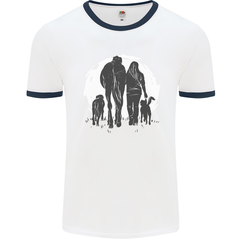 A Horse and Dogs Equestrian Riding Rider Mens White Ringer T-Shirt White/Navy Blue