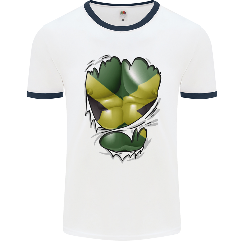 The Jamaican Flag Ripped Muscles Jamaica Mens White Ringer T-Shirt White/Navy Blue