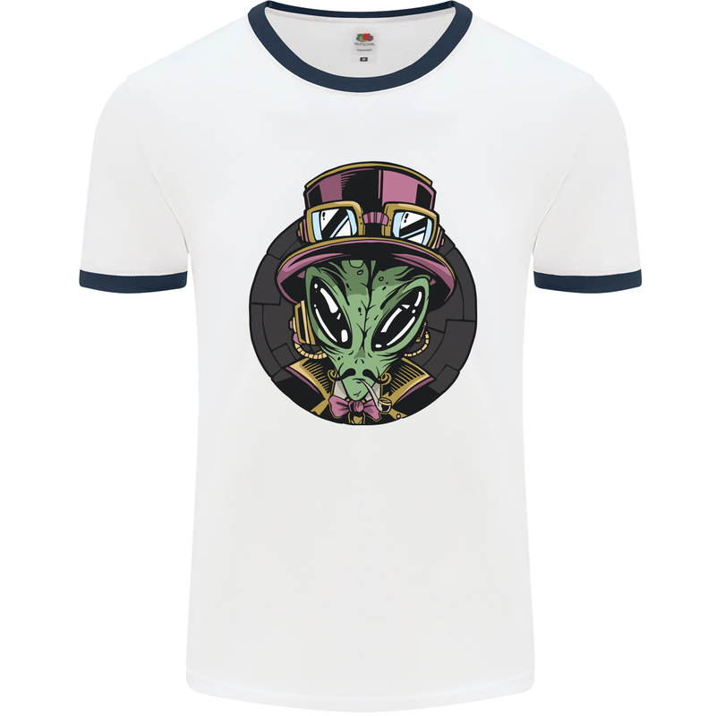 Steampunk Alien Mens White Ringer T-Shirt White/Navy Blue
