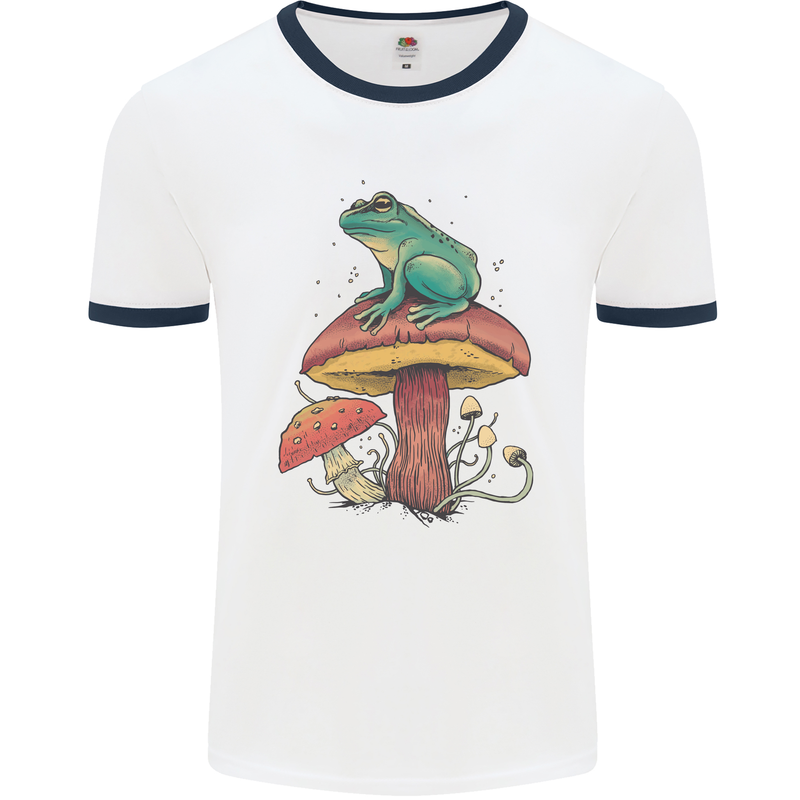 A Frog Sitting on a Mushroom Mens White Ringer T-Shirt White/Navy Blue