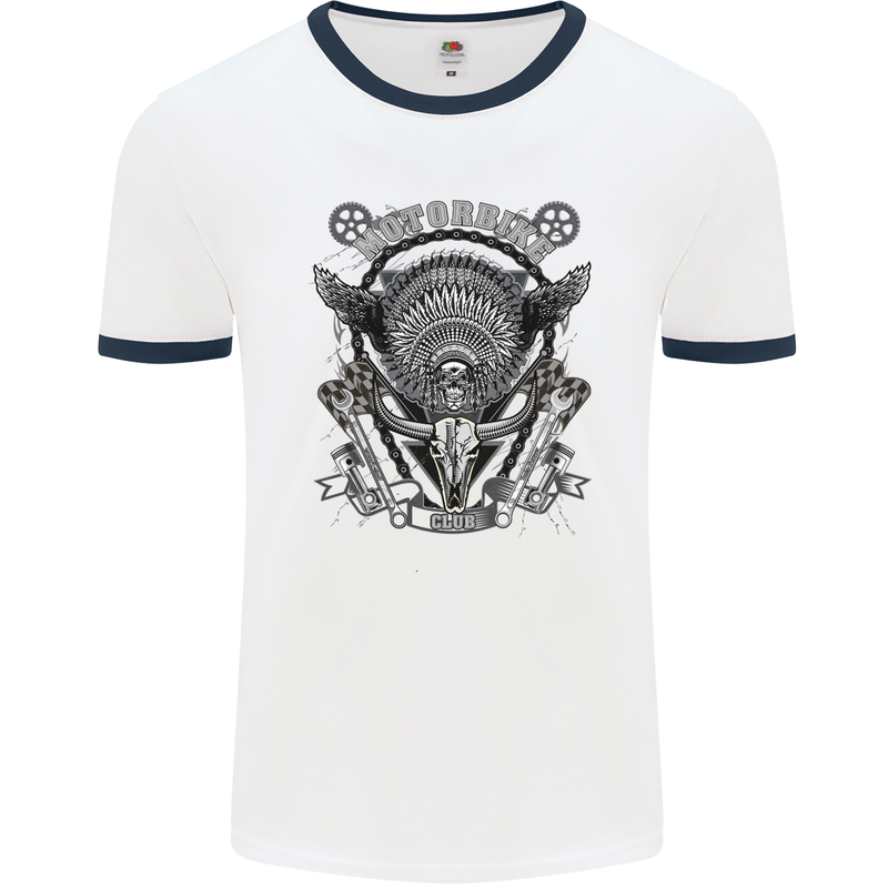 Motorbike Club Motorcycle Biker Mens White Ringer T-Shirt White/Navy Blue