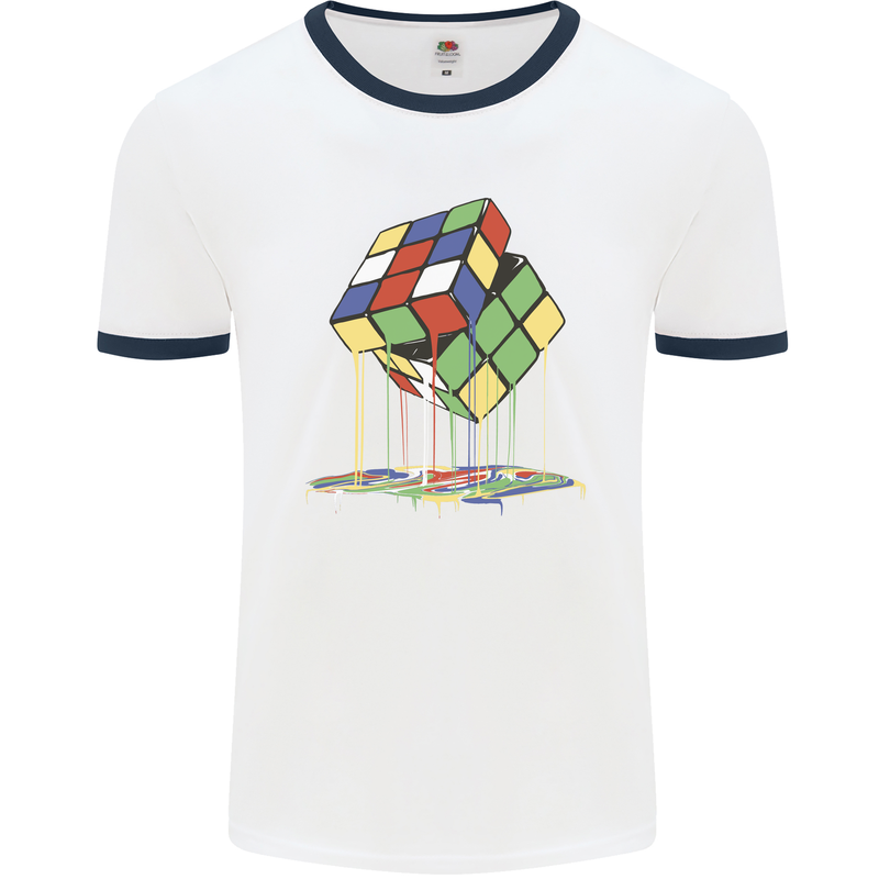 Dripping Rubik Cube Funny Puzzle Mens White Ringer T-Shirt White/Navy Blue