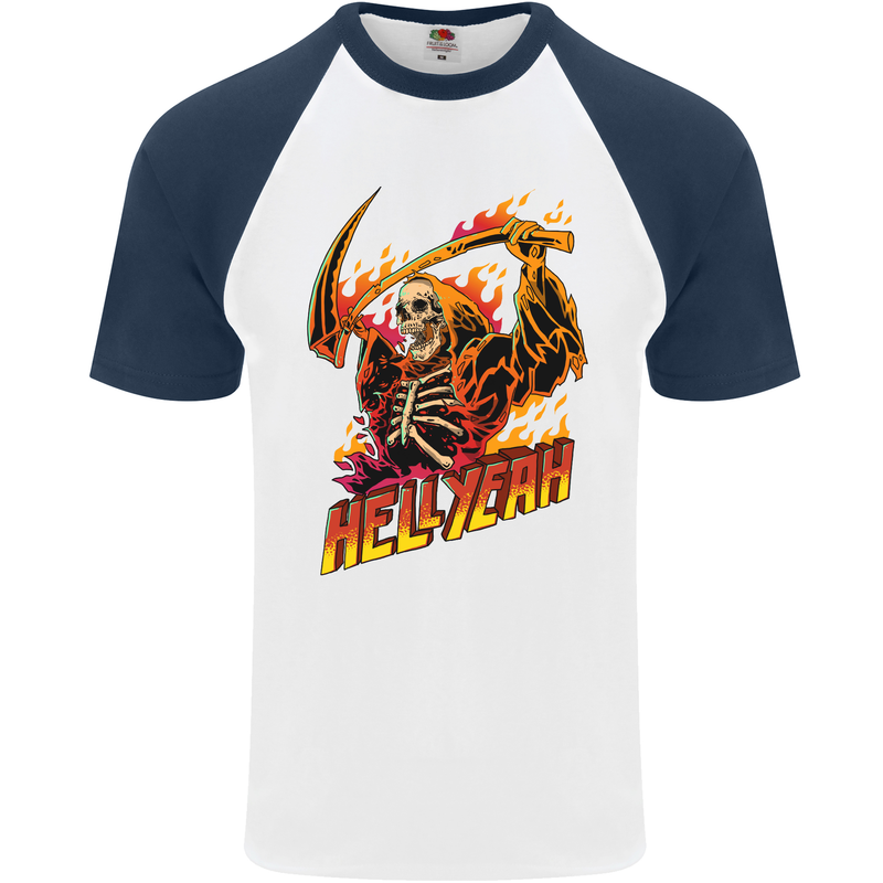 Hell Yeah Grim Reaper Skull Heavy Metal Mens S/S Baseball T-Shirt White/Navy Blue