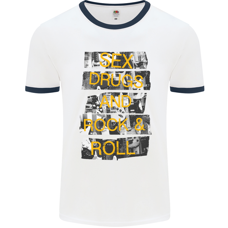 Sex Drugs & Rock & Roll Guitar Music Weed Mens White Ringer T-Shirt White/Navy Blue