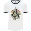 Skeleton Unicorn Skull Heavy Metal Rock Mens White Ringer T-Shirt White/Navy Blue