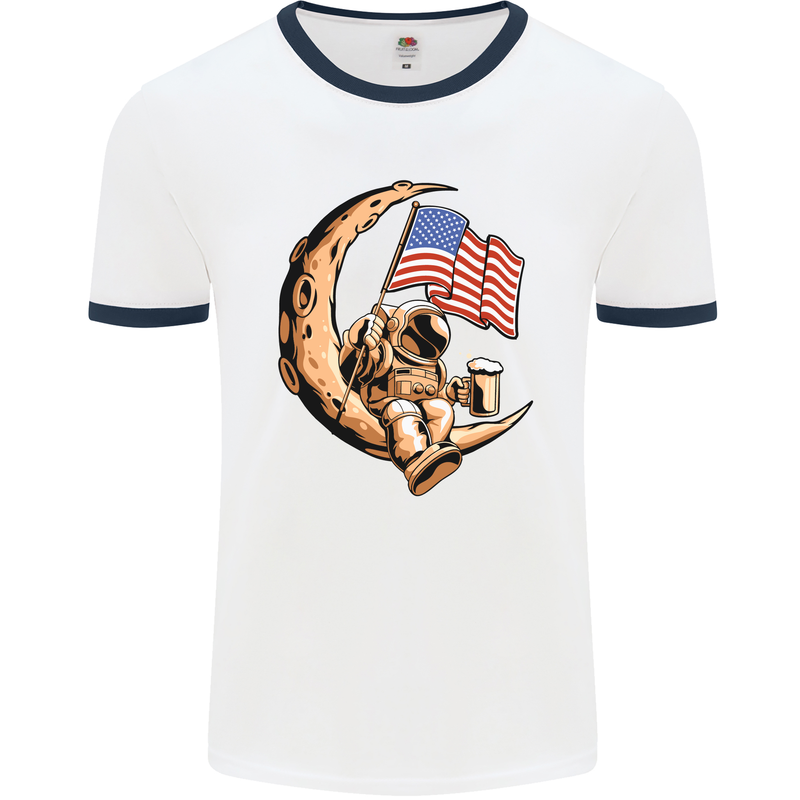 Beer Moon USA Flag Astronaut Space Alcohol Mens White Ringer T-Shirt White/Navy Blue