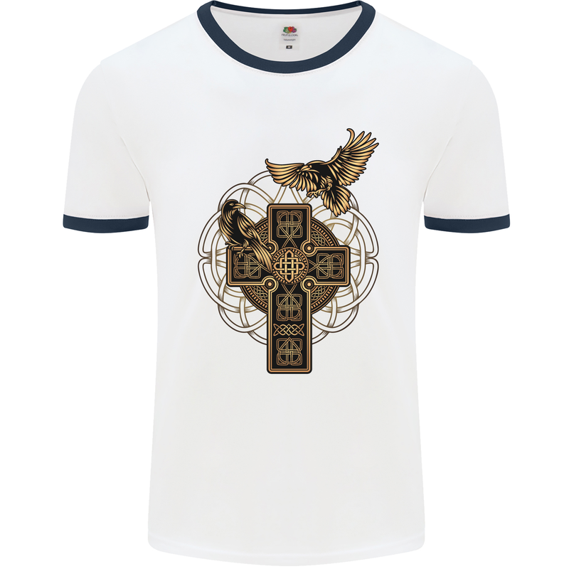 Odins Celtic Raven Viking Thor Ragnar Norse Mens White Ringer T-Shirt White/Navy Blue