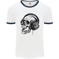 Skull Headphones Gothic Rock Music DJ Mens White Ringer T-Shirt White/Navy Blue