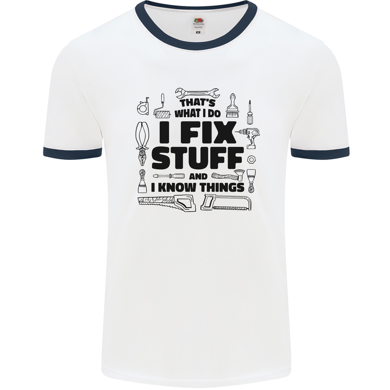 I Fix Stuff Funny Handyman Tradesman DIY Mens White Ringer T-Shirt White/Navy Blue