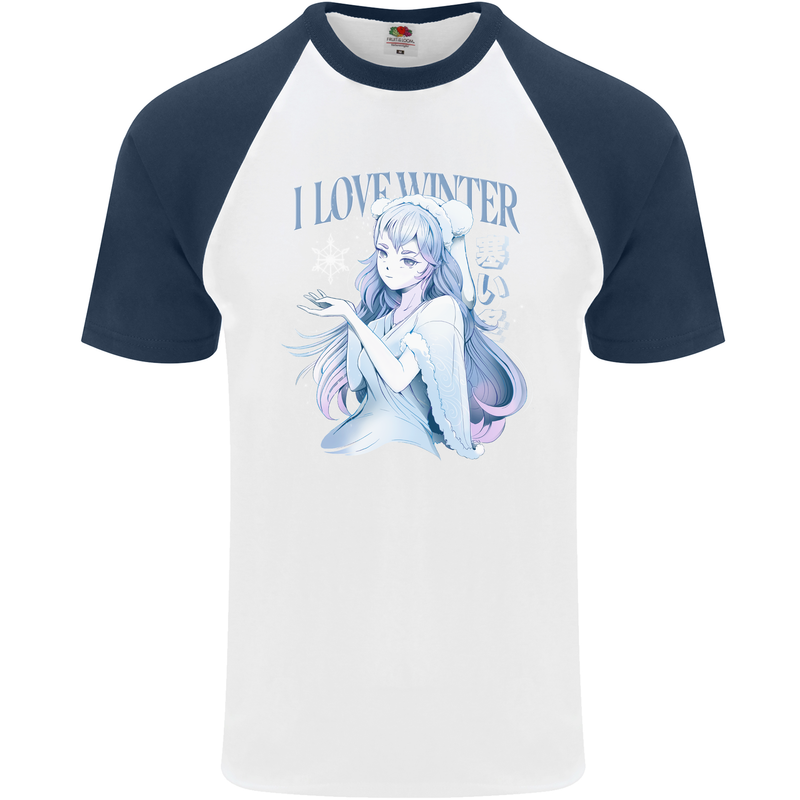 I Love Winter Anime Japanese Text Mens S/S Baseball T-Shirt White/Navy Blue