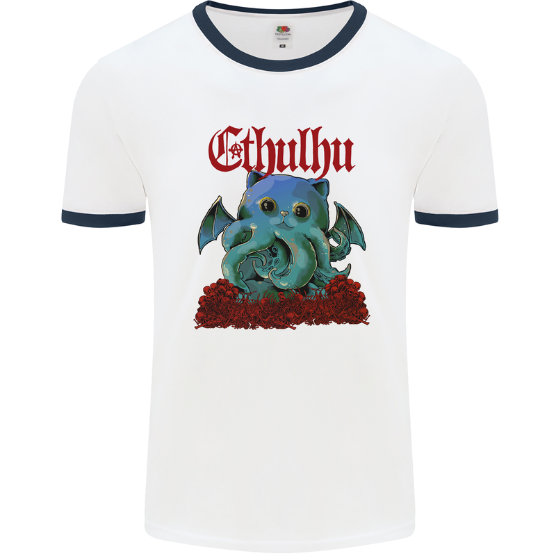 Cathulhu Funny Cat Cthulhu Parody Kraken Mens White Ringer T-Shirt White/Navy Blue