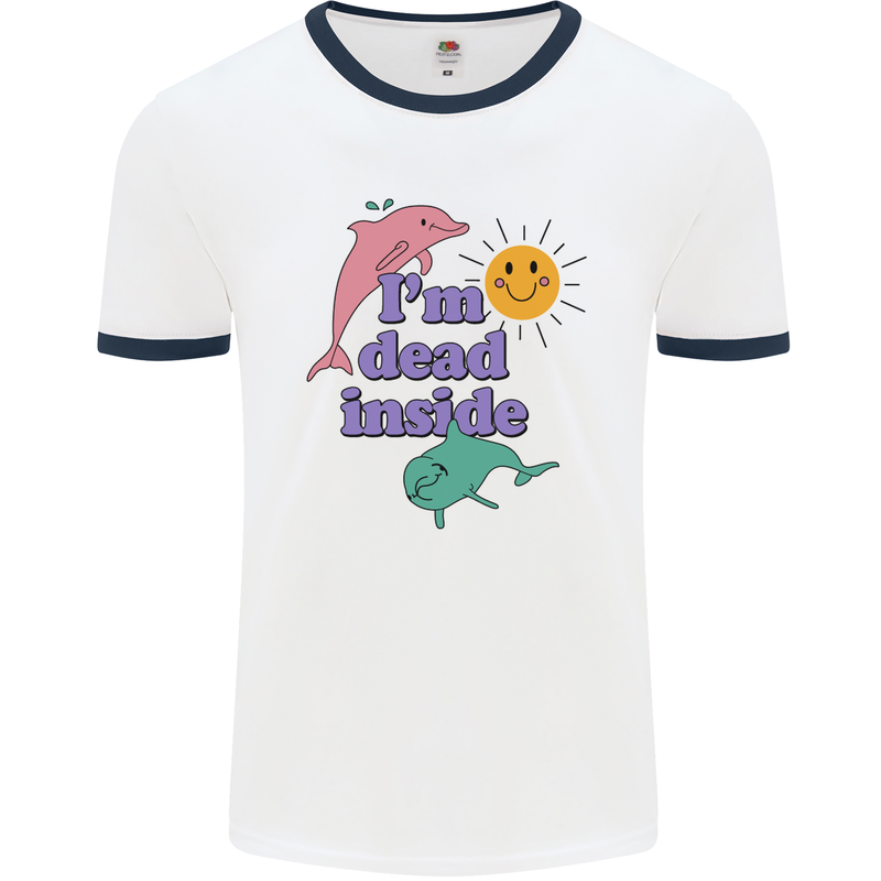 I'm Dead Inside Dolphins Sunrise Mens White Ringer T-Shirt White/Navy Blue