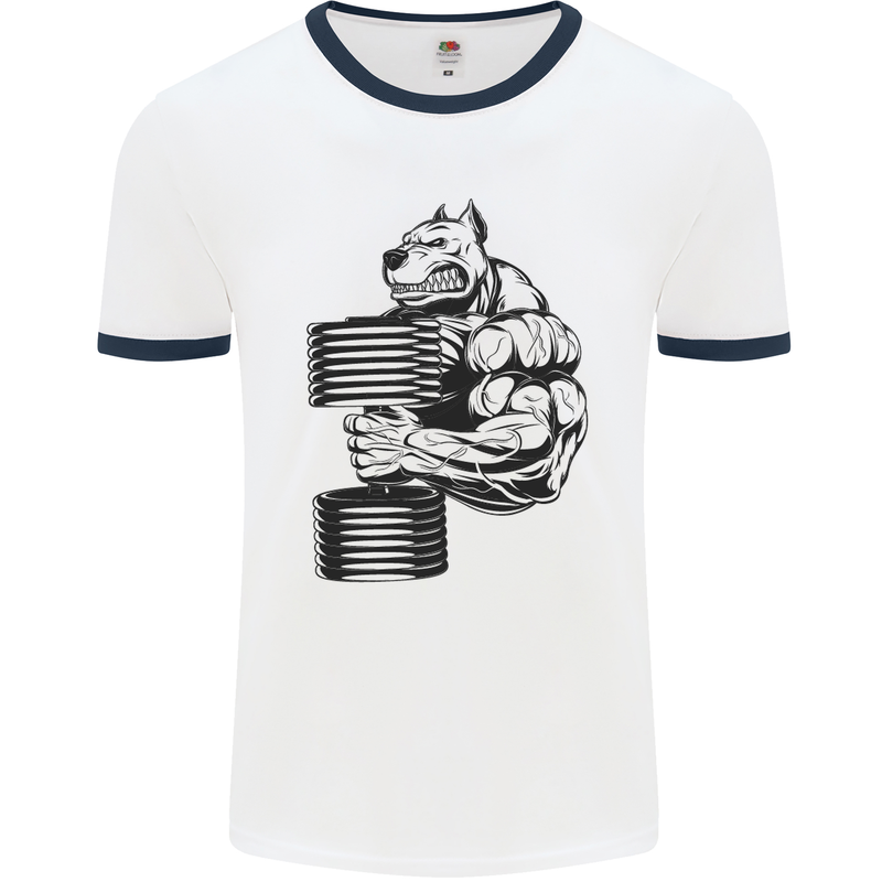 Bulldog Gym Training Top Weightlifting Mens White Ringer T-Shirt White/Navy Blue