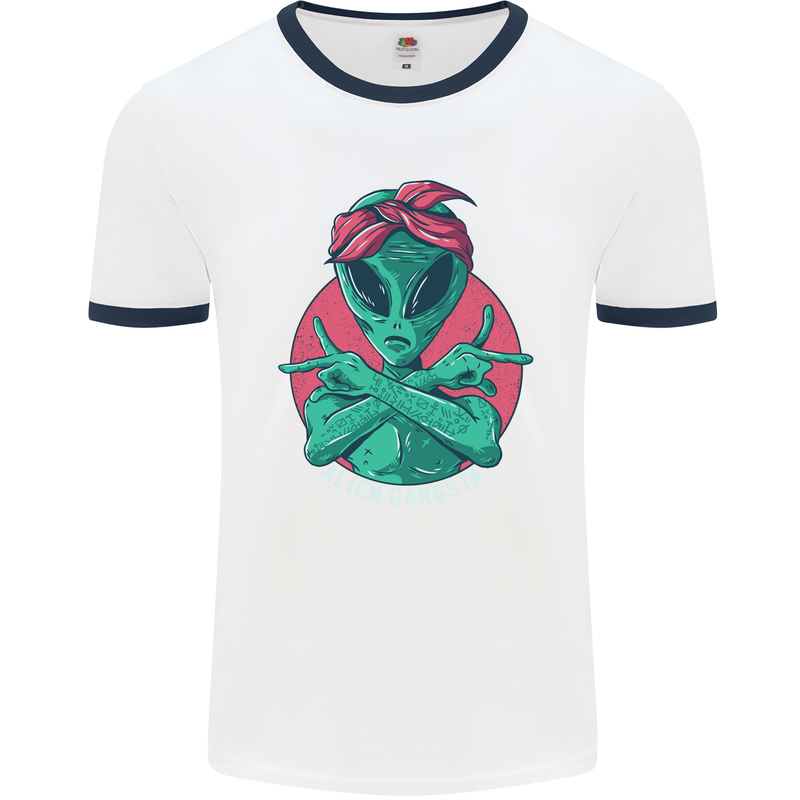 Funny Alien Gangster UFO 2Pac Rap Music Mens White Ringer T-Shirt White/Navy Blue