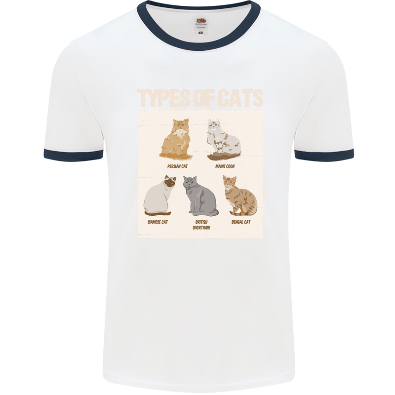 Types of Cat Persian Siamese British Bengal Mens White Ringer T-Shirt White/Navy Blue