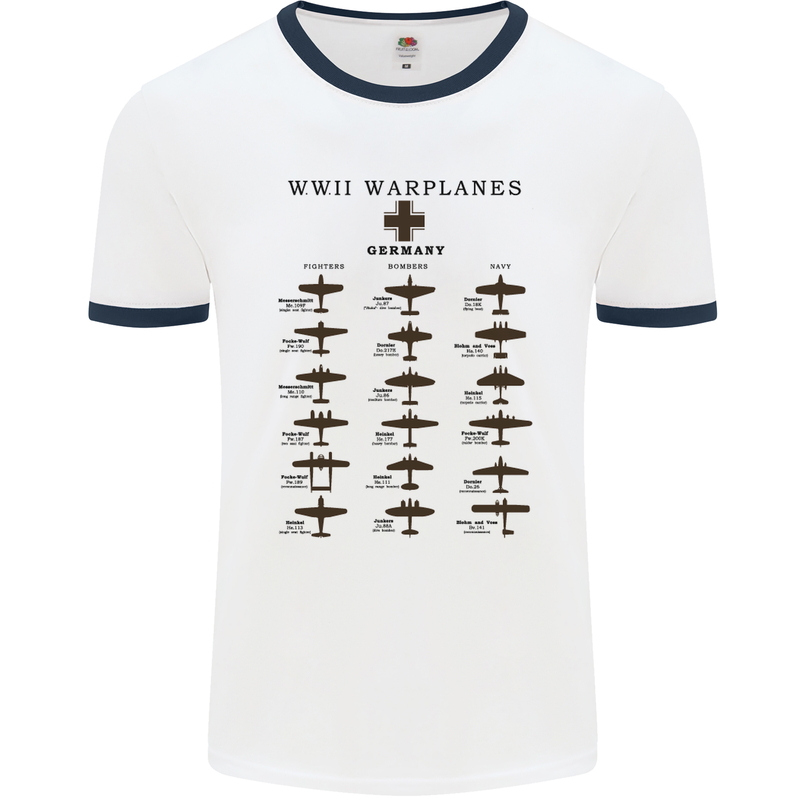 German War Planes WWII Fighters Aircraft Mens White Ringer T-Shirt White/Navy Blue