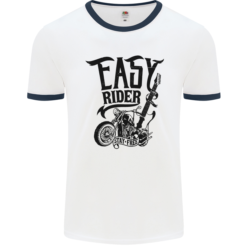 Easy Rider Motorcycle Motorbike Biker Mens White Ringer T-Shirt White/Navy Blue