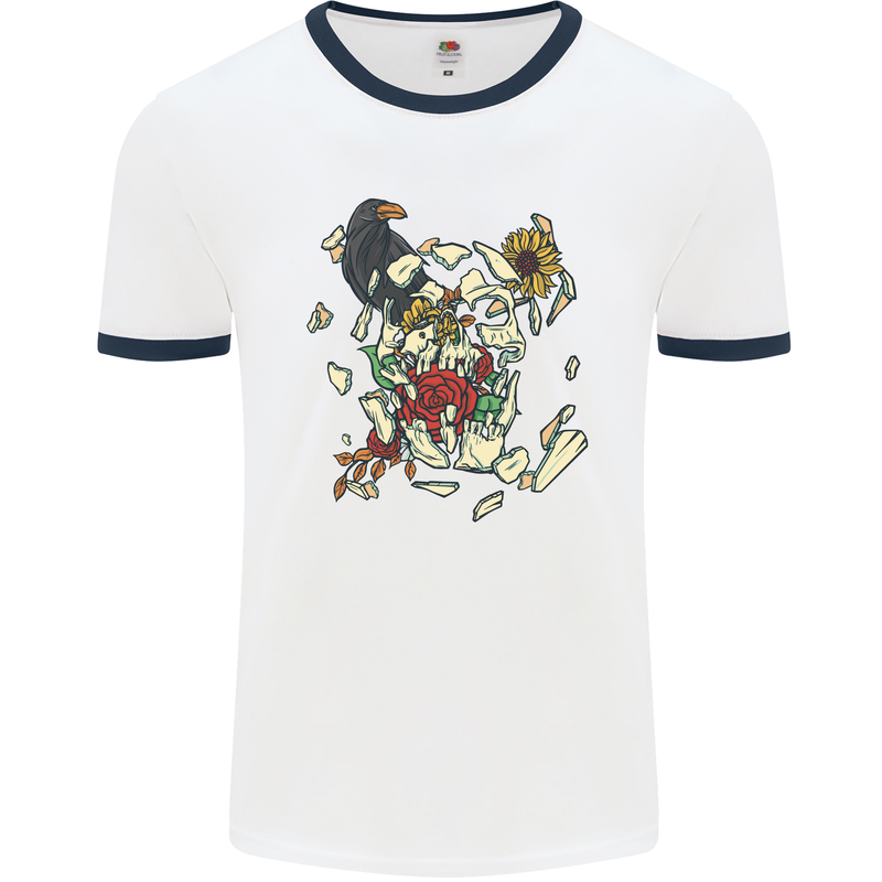 Broken Skull With Roses & Raven Mens White Ringer T-Shirt White/Navy Blue