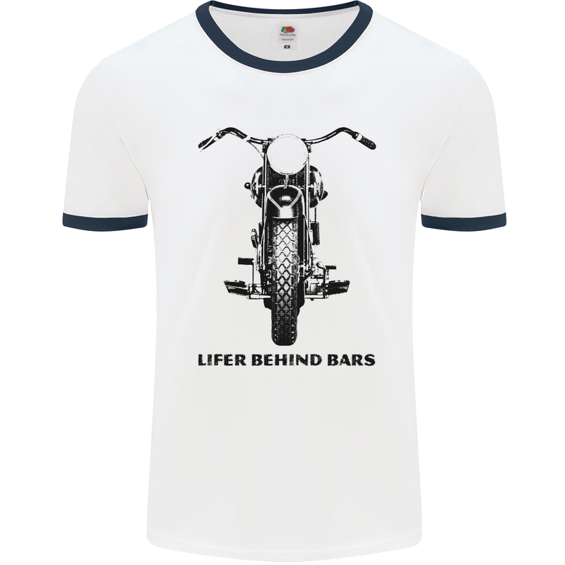 Lifer Behind Bars Motorcycle Motorbike Mens White Ringer T-Shirt White/Navy Blue