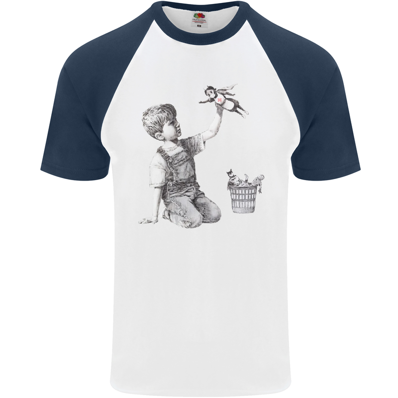 Banksy NHS Nurse Superhero Mens S/S Baseball T-Shirt White/Navy Blue