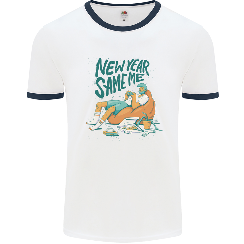 New Year Same Me Resolution Gaming Lazy Mens White Ringer T-Shirt White/Navy Blue