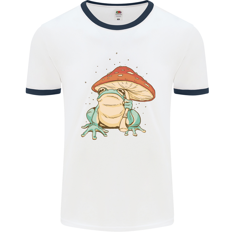 A Frog Under a Toadstool Umbrella Toad Mens White Ringer T-Shirt White/Navy Blue